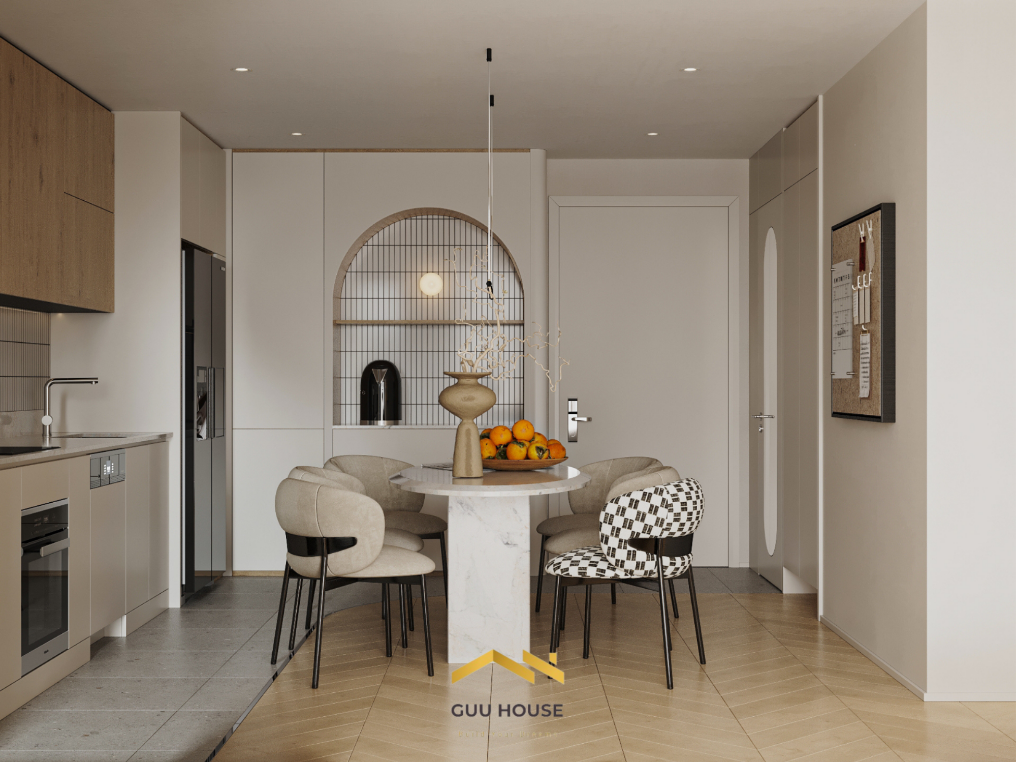 Khu vực bàn ăn căn hộ hiện đại với tông màu be kem, bàn ăn oval đá và ô trang trí vòm tinh gọn