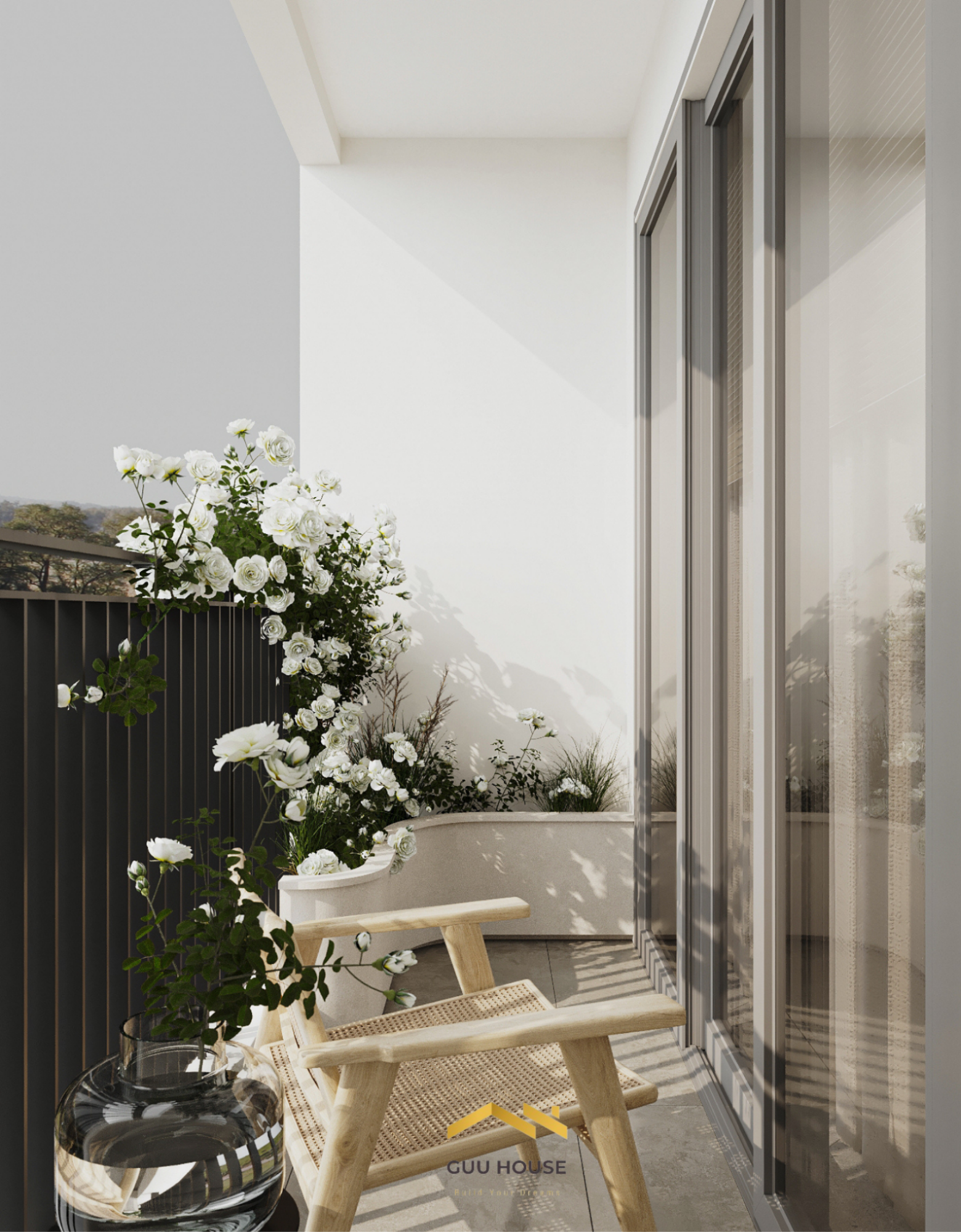 Góc ban công với ánh sáng tự nhiên, ghế mây và hoa trắng tạo cảm giác thư giãn