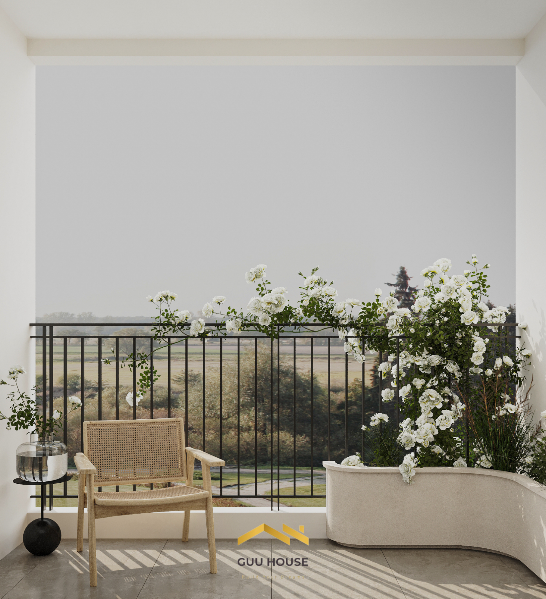 Ban công tông sáng với ghế mây, chậu cây xanh và view thiên nhiên thoáng đãng