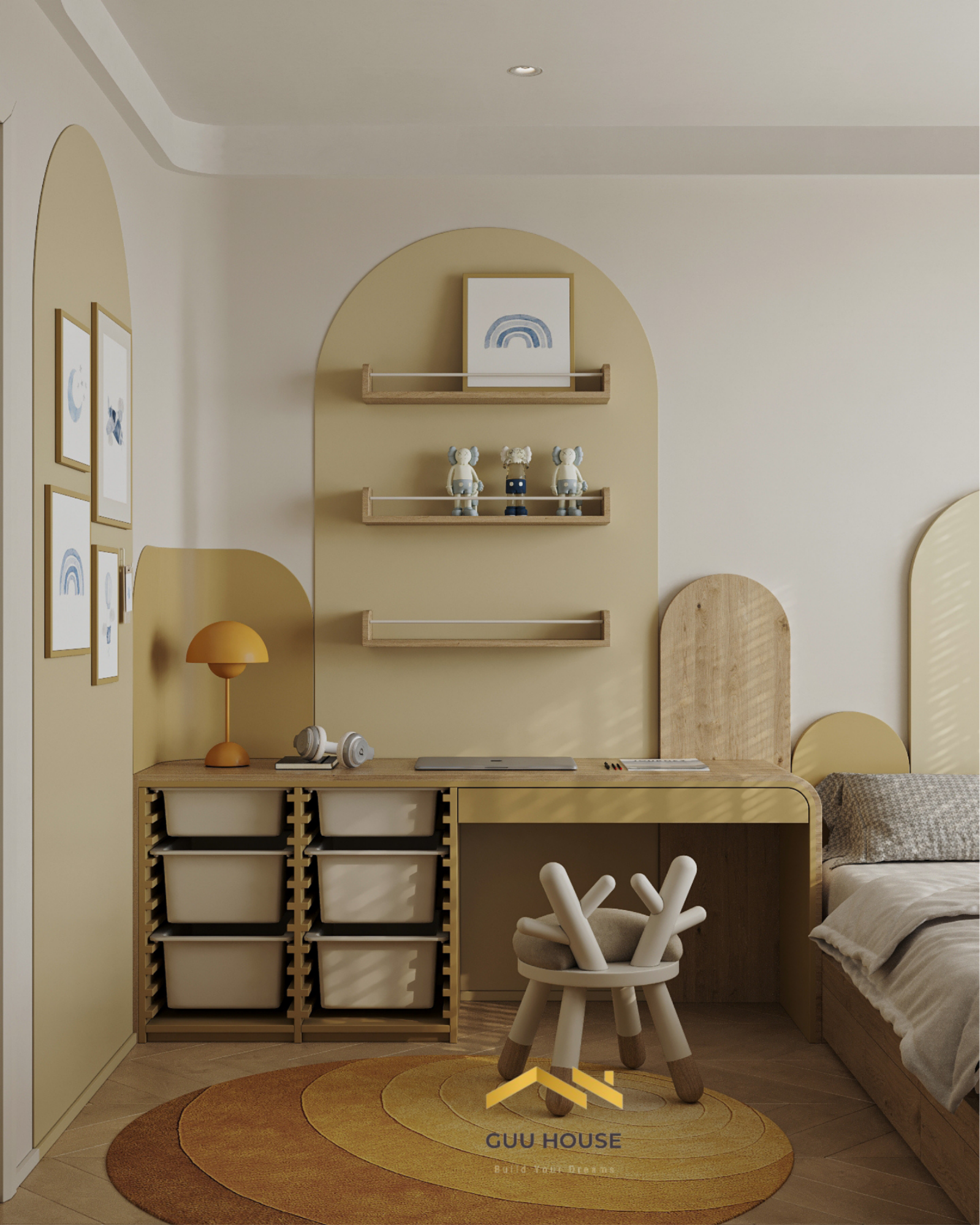 Bàn học trẻ em bằng gỗ sáng tông vàng nhẹ, thiết kế bo cong an toàn kết hợp kệ lưu trữ tiện dụng