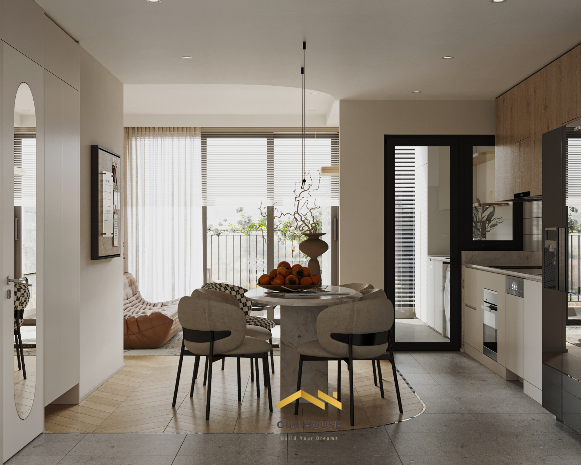 Không gian bếp ăn căn hộ hiện đại gần ban công, ngập sáng tự nhiên với bàn ăn oval và tông màu be ấm