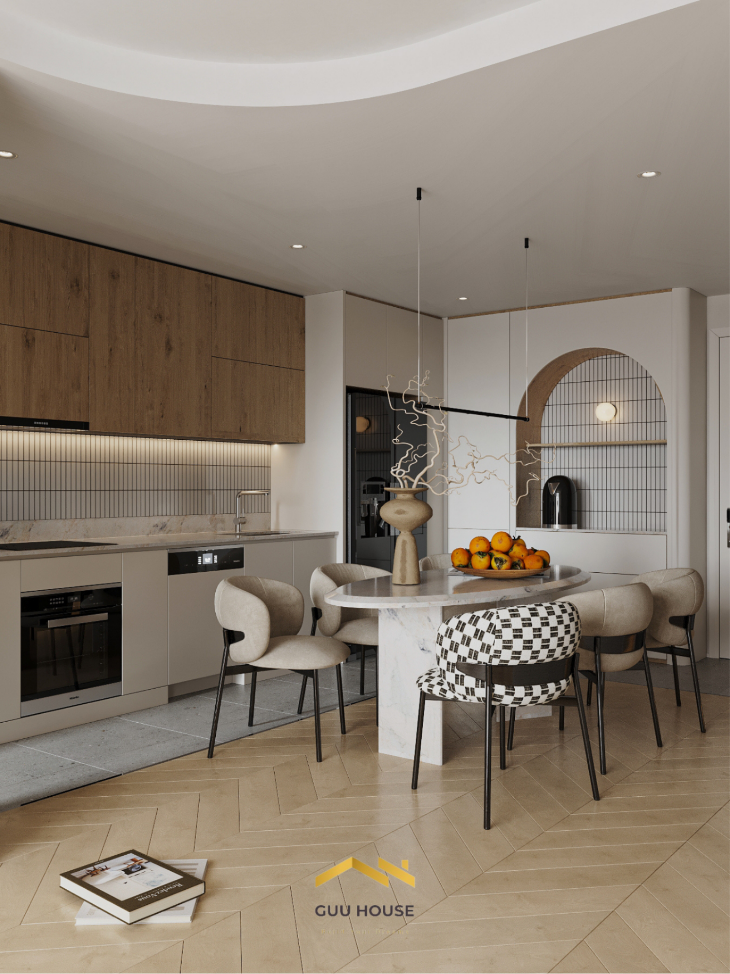 Thiết kế bếp và bàn ăn oval căn hộ hiện đại với tủ bếp gỗ nâu, ghế bọc nệm và ô trang trí vòm