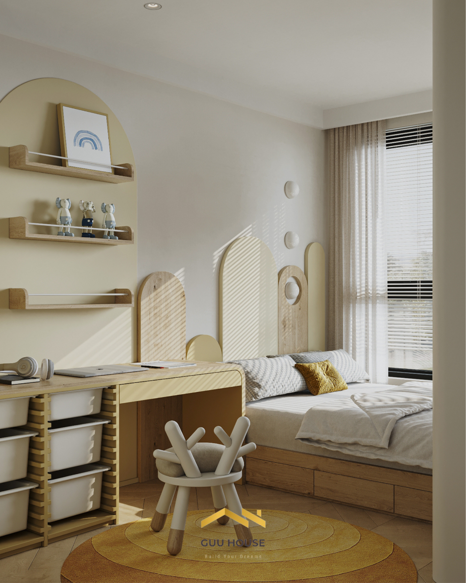 Góc học tập trẻ em với bàn gỗ tích hợp ngăn kéo, ánh sáng tự nhiên và thiết kế bo cong thân thiện