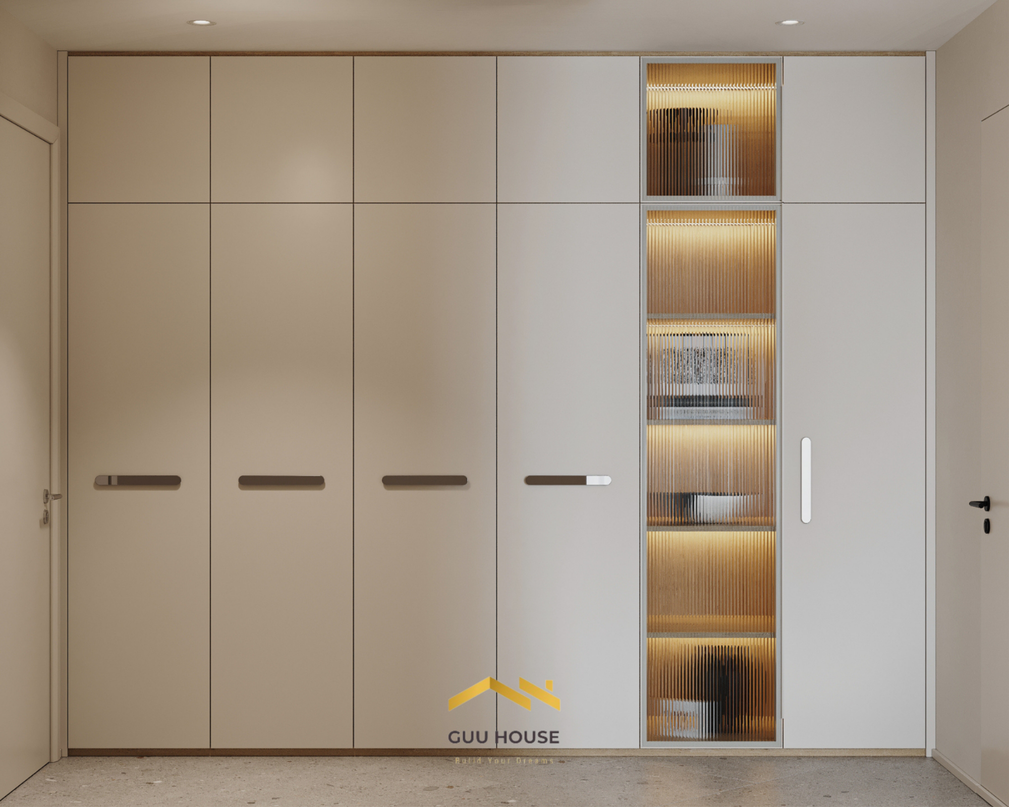 Hệ tủ âm tường màu be tối giản kết hợp khoang kính sọc có đèn trang trí trong nội thất hiện đại