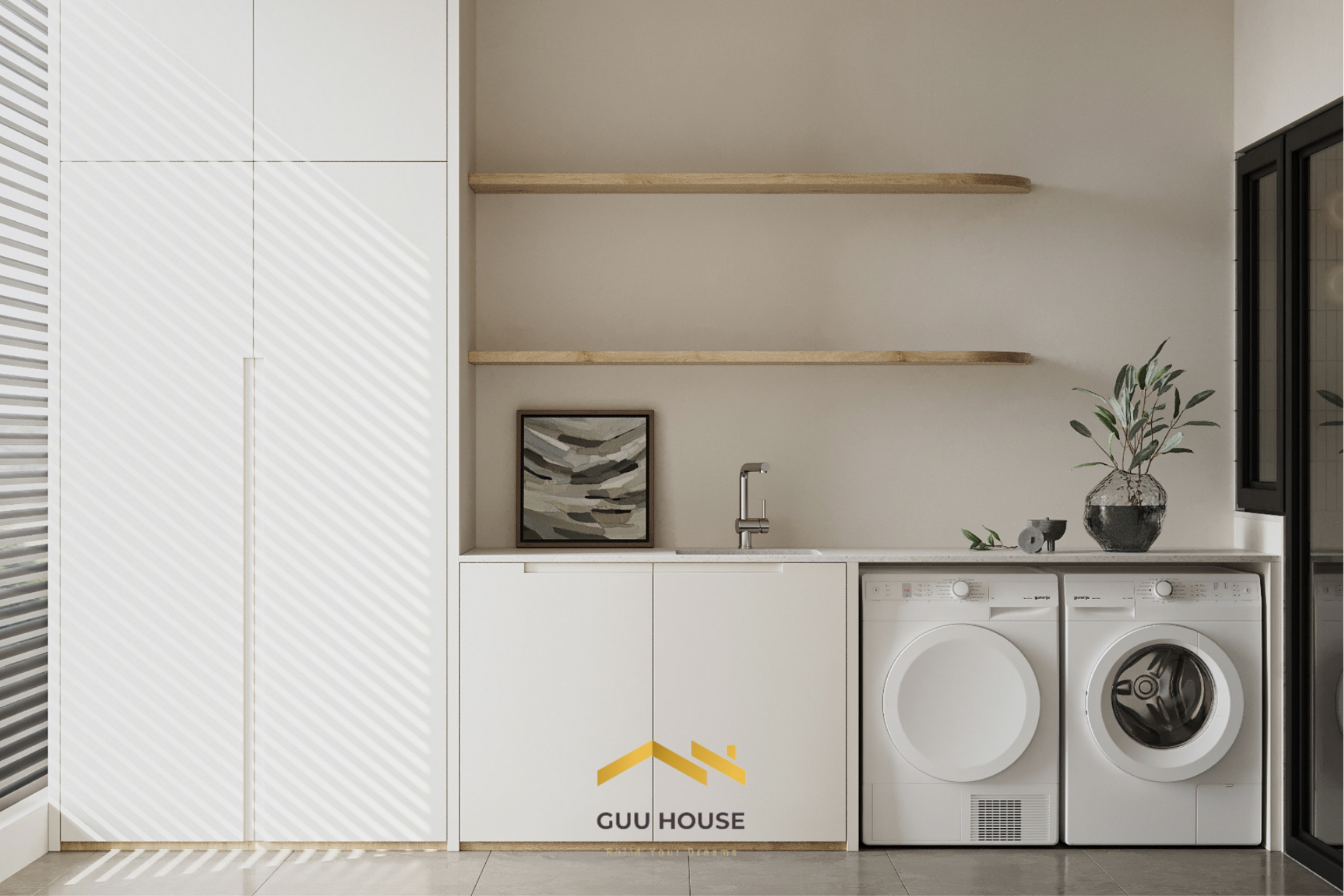 Khu giặt với máy giặt sấy âm tủ, thiết kế tối giản tông trắng be hiện đại