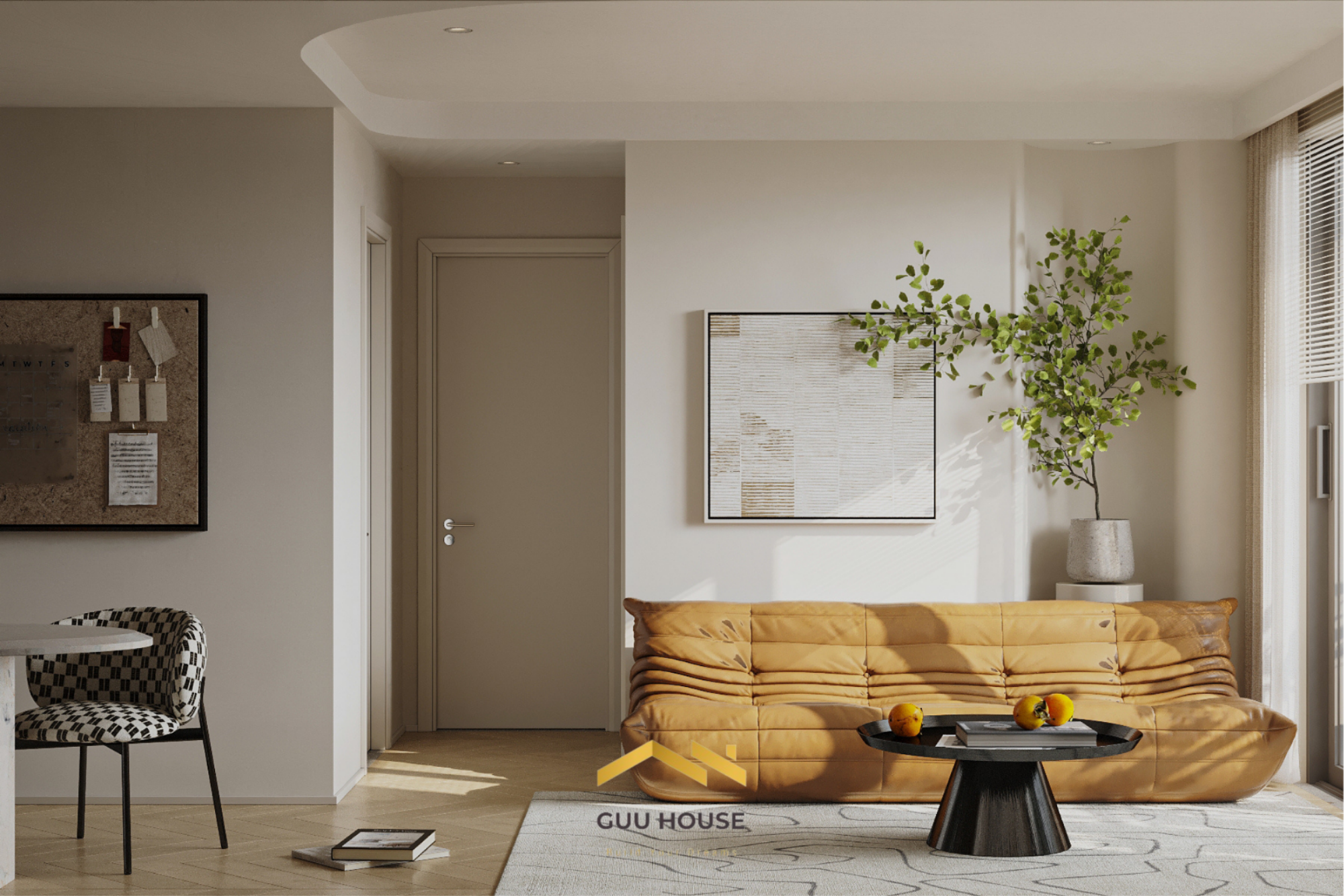 Phòng khách căn hộ hiện đại với sofa da nâu, bàn trà đen, cây xanh và ánh sáng tự nhiên dịu nhẹ