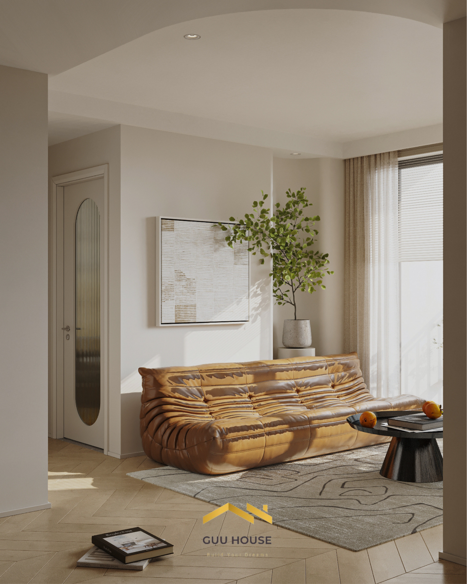 Phòng khách căn hộ hiện đại với sofa da nâu, thảm sáng màu, cây xanh và ánh nắng tự nhiên ấm áp