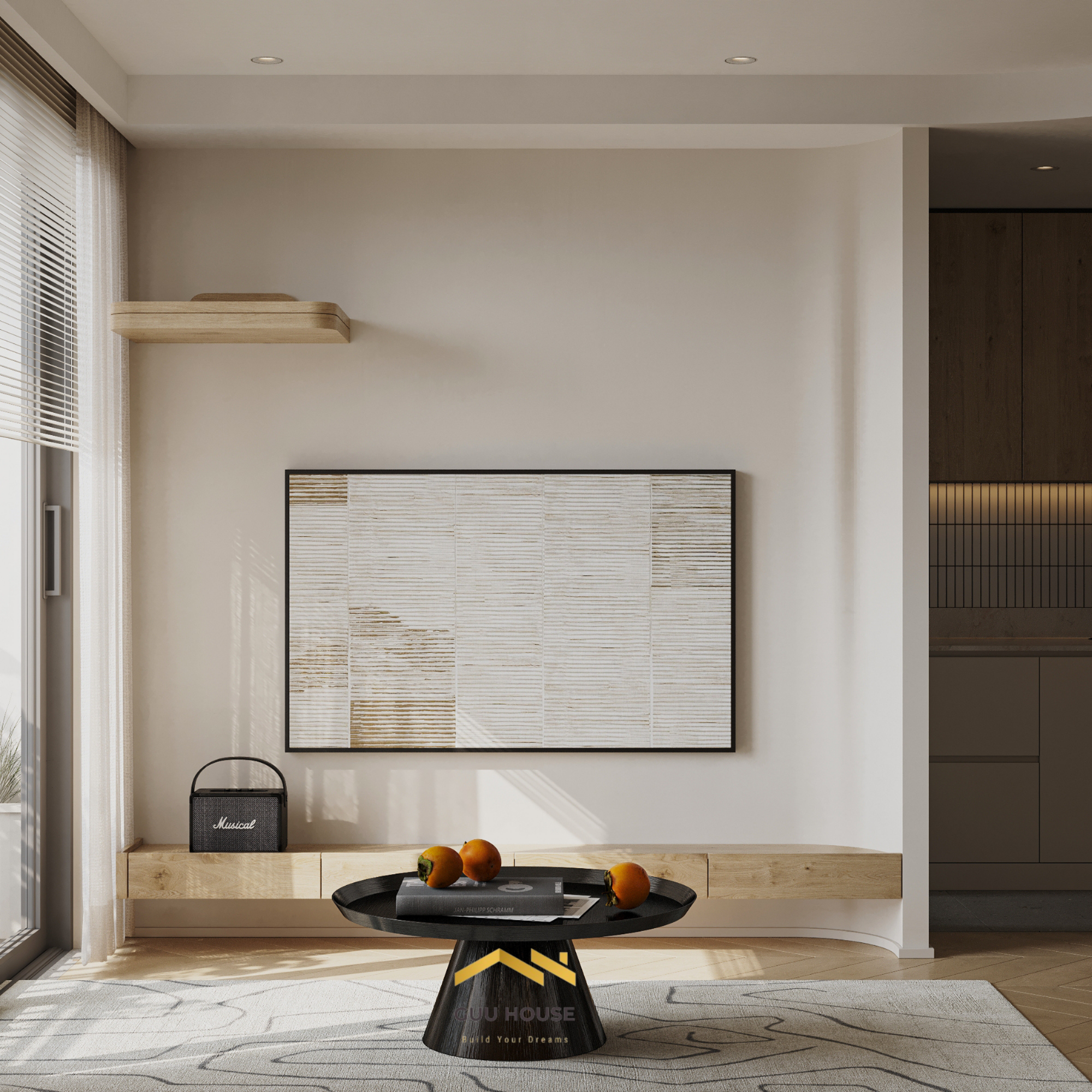 Phòng khách căn hộ hiện đại với vách tivi tối giản, bàn trà đen, tông màu be sáng và ánh sáng tự nhiên