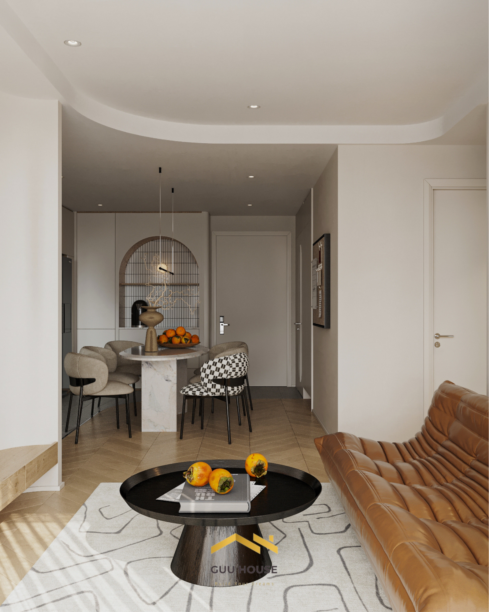 Phòng khách liền bếp căn hộ hiện đại với sofa da nâu, bàn trà đen và khu bàn ăn tông màu be ấm