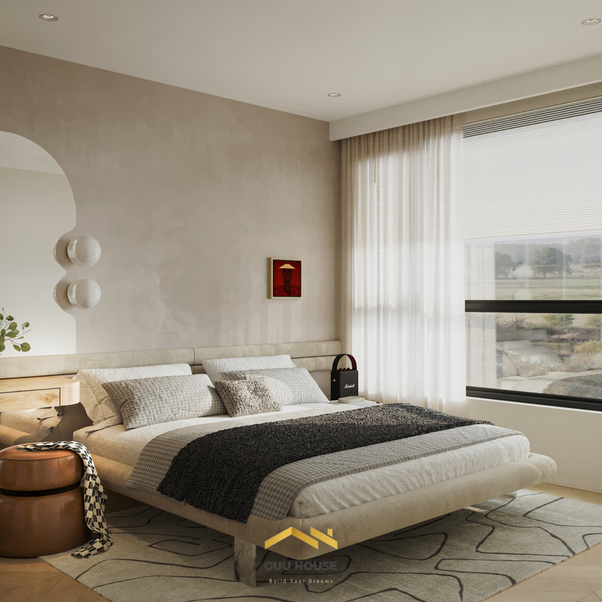 Phòng ngủ căn hộ hiện đại với cửa sổ lớn, giường bọc nệm tông be và ánh sáng tự nhiên nhẹ nhàng