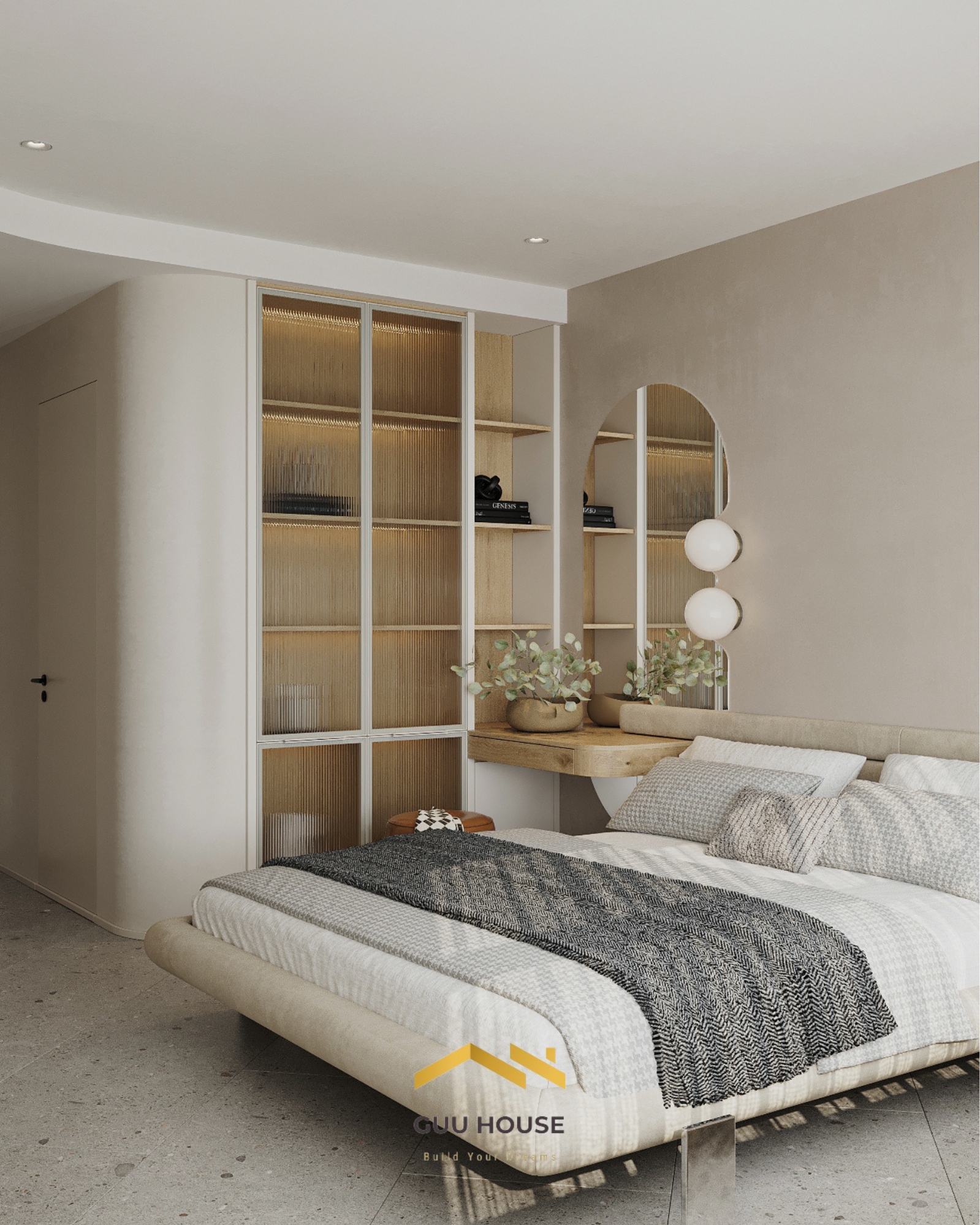 Phòng ngủ căn hộ hiện đại với giường bọc nệm màu be, tủ kính sọc và bàn trang điểm gỗ tối giản