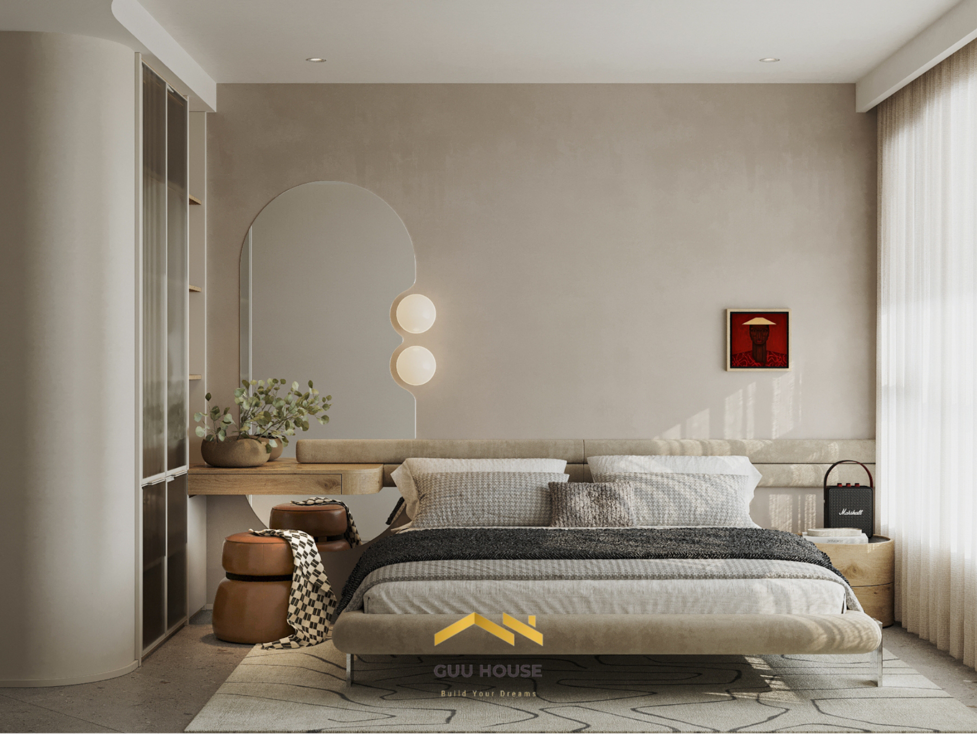 Phòng ngủ căn hộ hiện đại với tông màu be ấm, giường bọc nệm, tab gỗ và ánh sáng tự nhiên dịu nhẹ