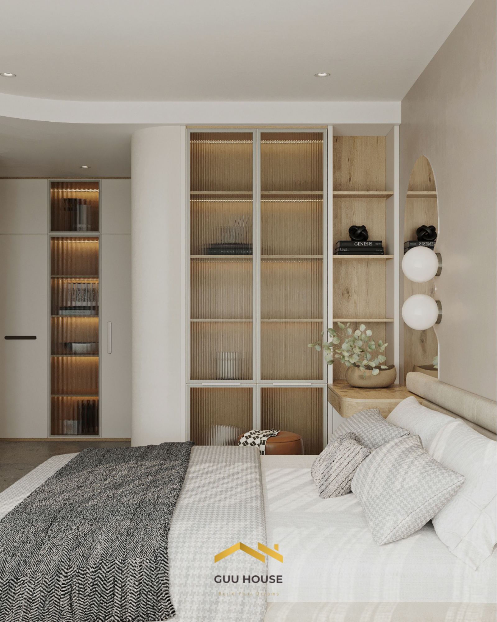 Không gian phòng ngủ hiện đại với tủ trang trí kính sọc, đèn hắt ấm, đầu giường be và kệ gỗ liền bàn