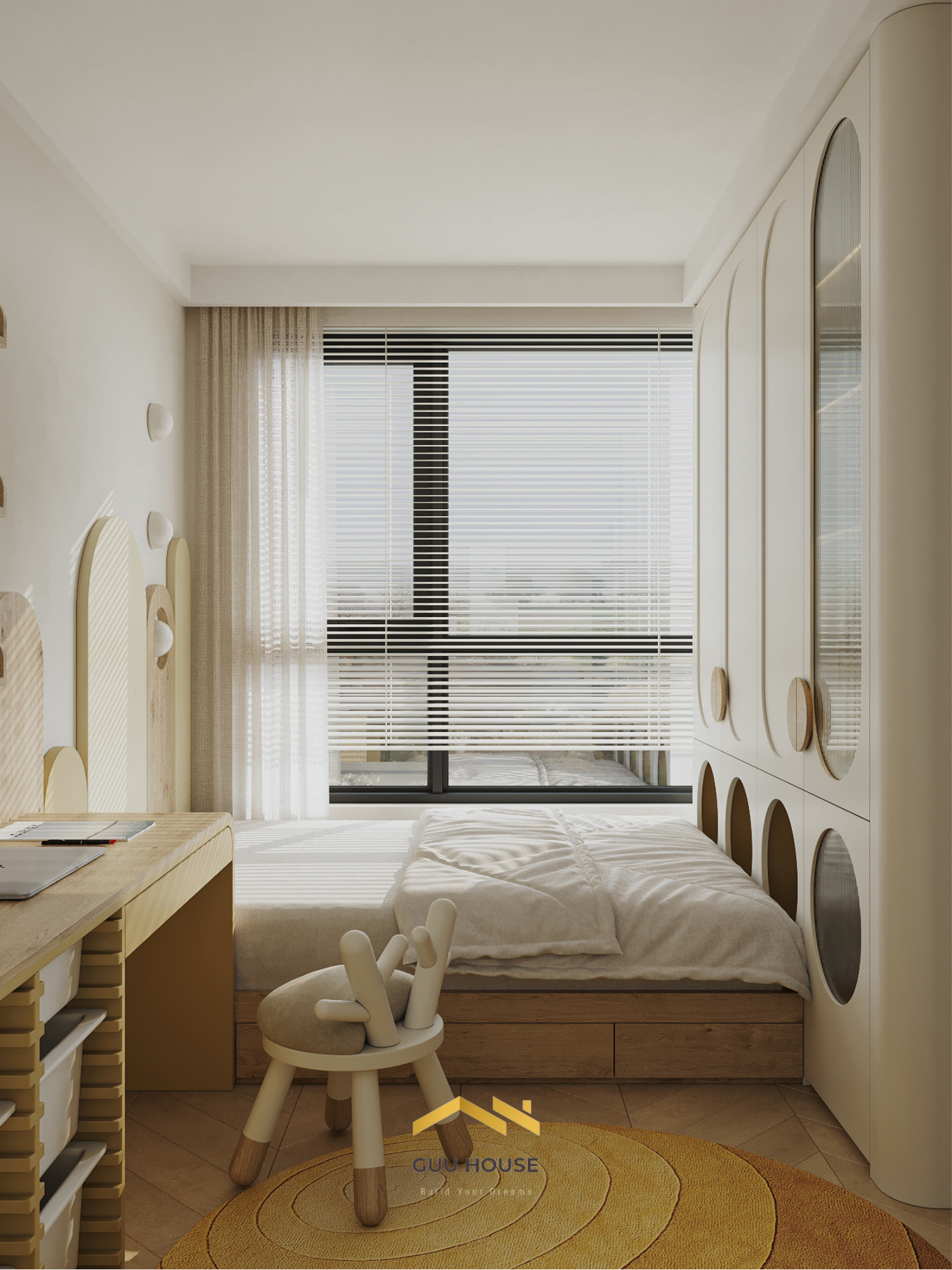 Phòng ngủ trẻ em với tủ âm tường bo cong, cửa kính và ánh sáng tự nhiên hiện đại