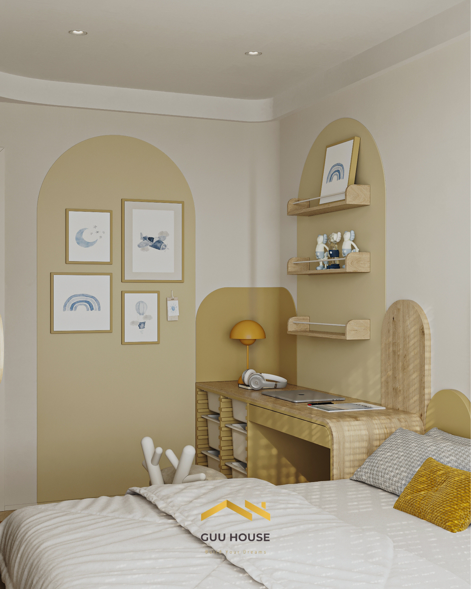 Phòng ngủ trẻ em tone vàng be với bàn học liền giường và nội thất gỗ ấm áp