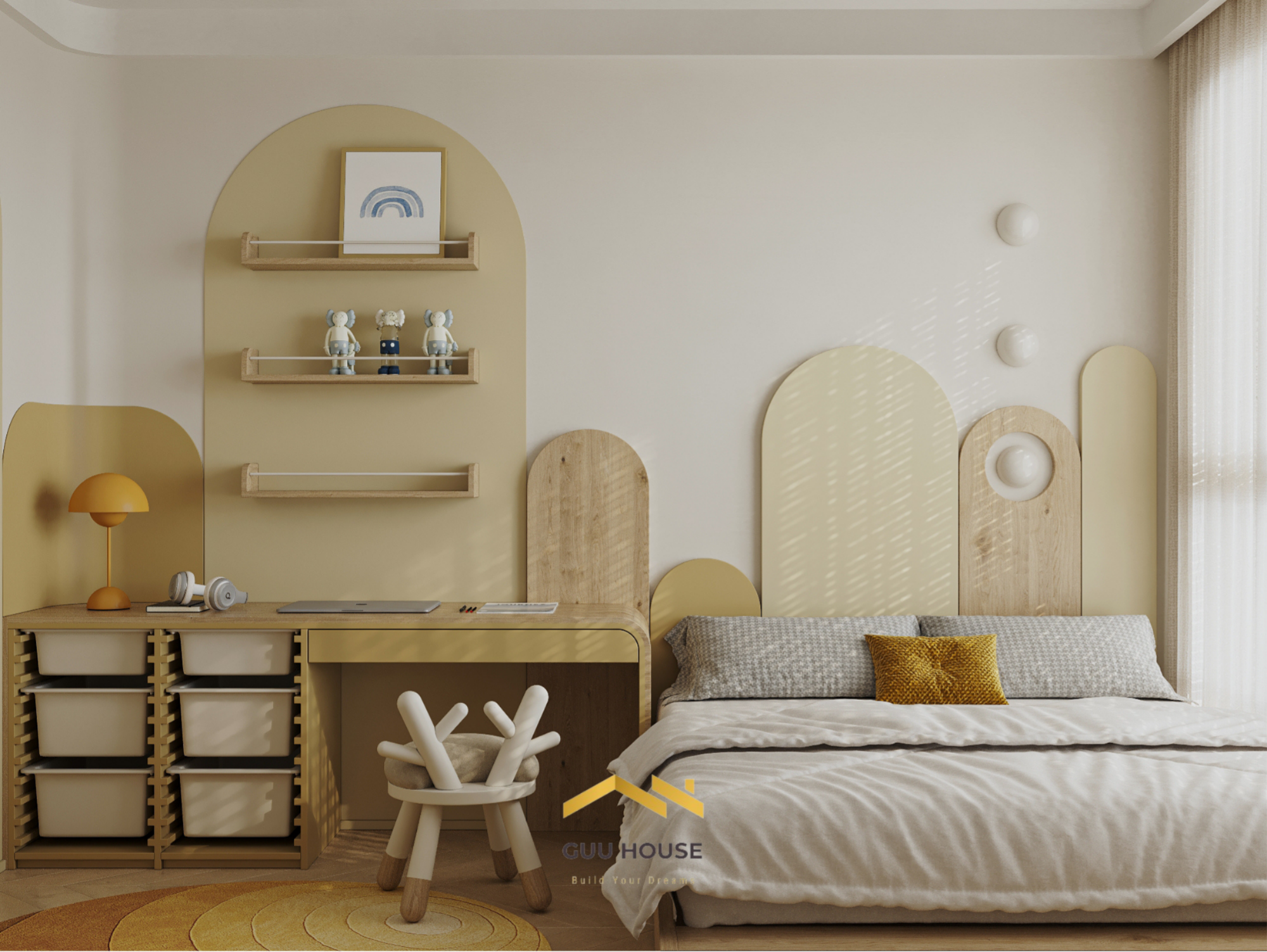 Phòng ngủ trẻ em tông vàng pastel kết hợp gỗ tự nhiên, giường thấp và bàn học liền khối thiết kế mềm mại