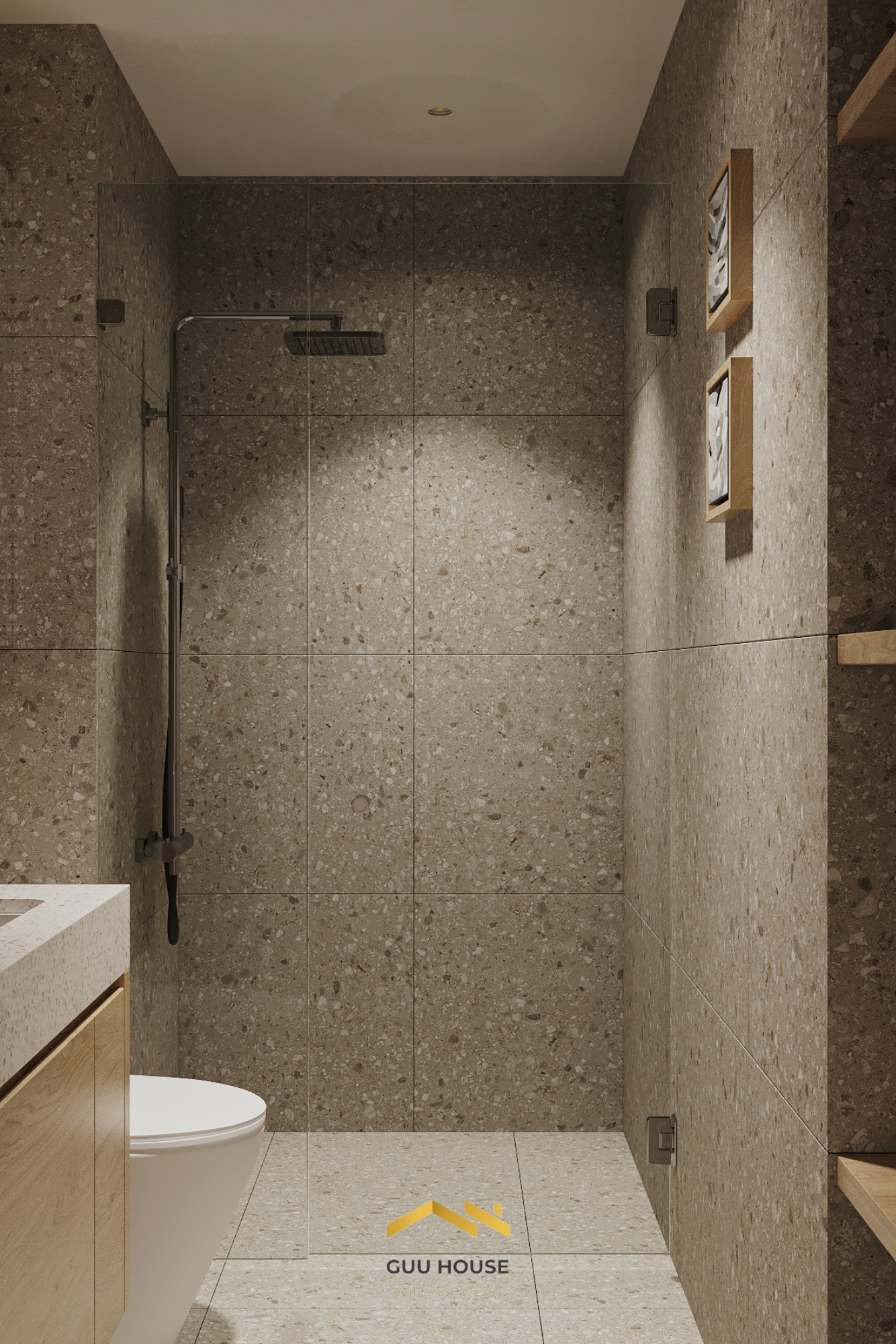 Khu tắm đứng với vách kính trong suốt, tường đá terrazzo tông ấm hiện đại