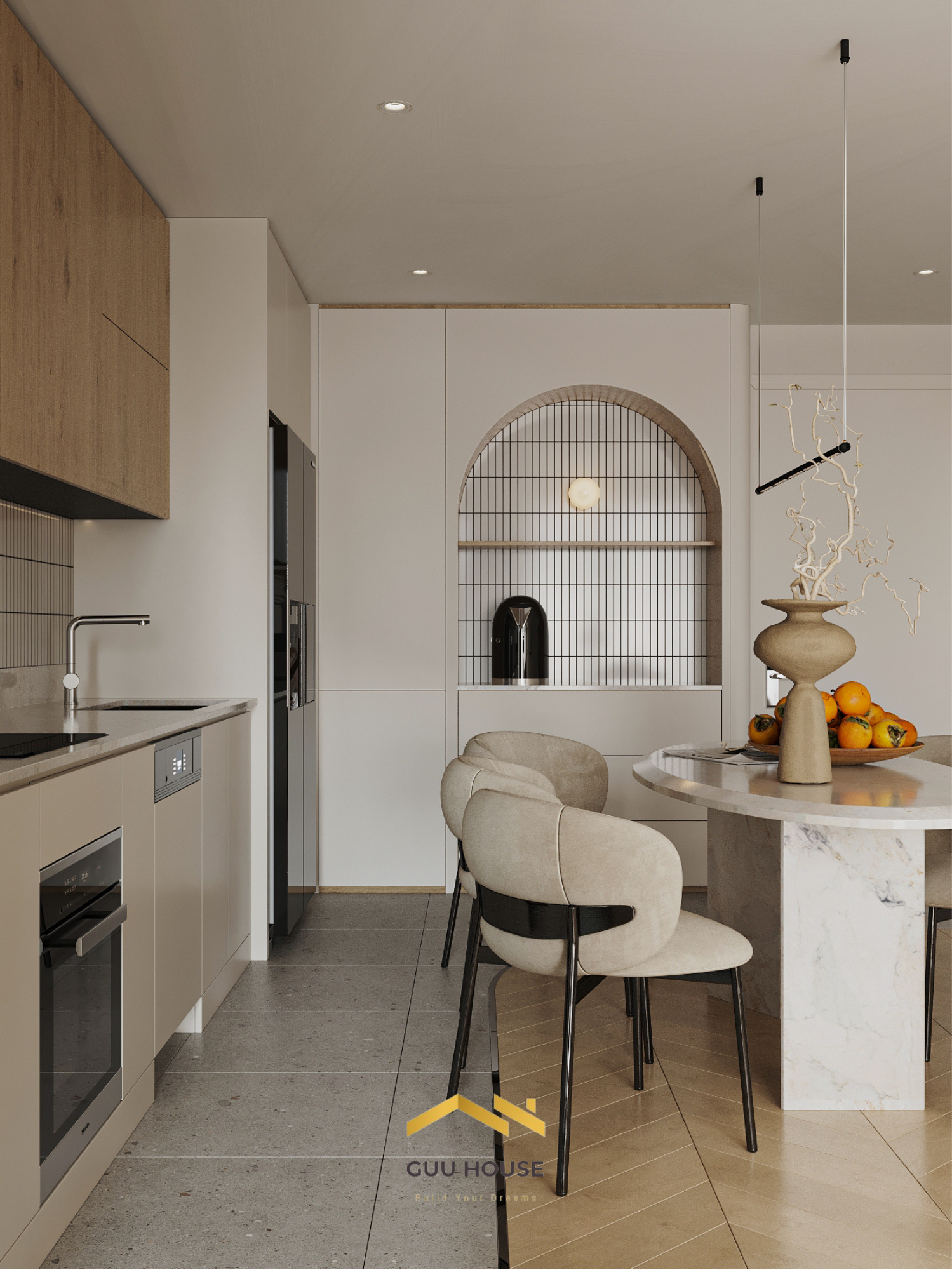 Thiết kế bếp ăn căn hộ hiện đại với ô trang trí vòm, bàn đá tròn và ghế bọc nệm màu kem