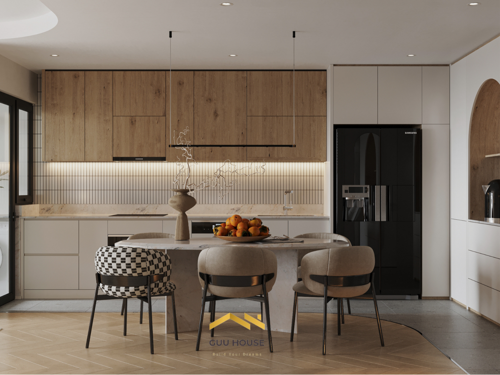 Thiết kế bếp bàn ăn căn hộ hiện đại với tủ gỗ, bàn đá và ánh sáng ấm