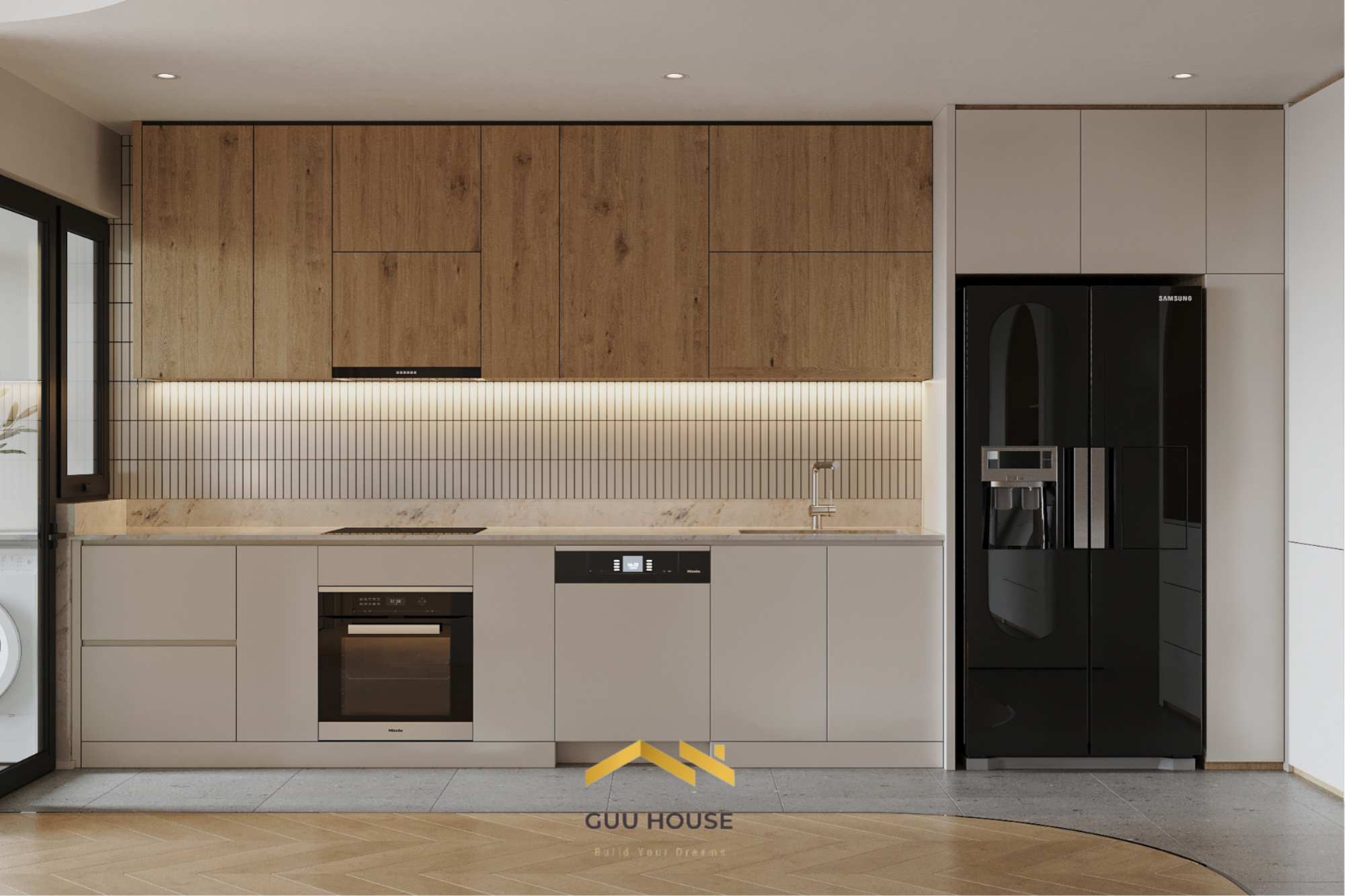 Thiết kế hệ tủ bếp căn hộ hiện đại với cánh tủ gỗ nâu, tủ bếp màu be, tủ lạnh đen và ánh sáng hắt ấm