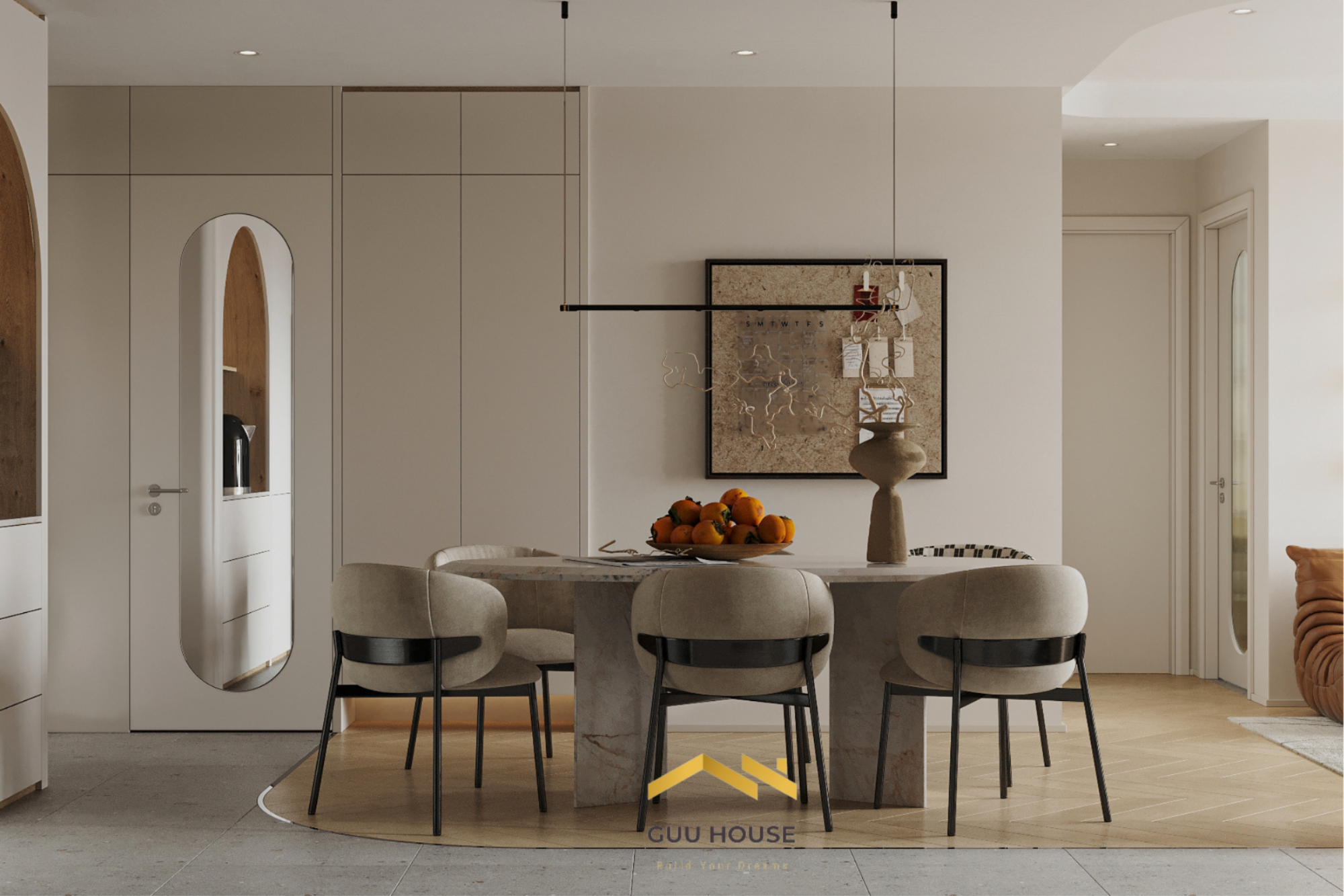 Thiết kế khu vực bàn ăn căn hộ hiện đại với bàn đá, ghế bọc nệm và tông màu trung tính