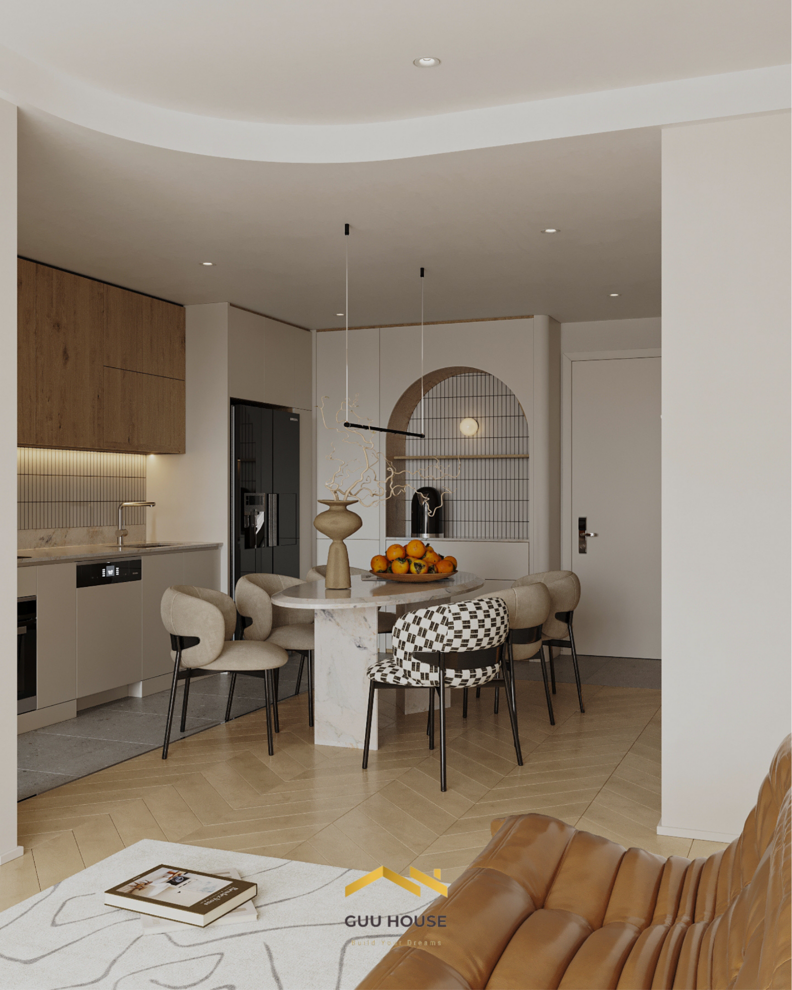 Thiết kế phòng khách liền bếp căn hộ hiện đại với bàn ăn oval, ghế bọc nệm và sofa da màu nâu