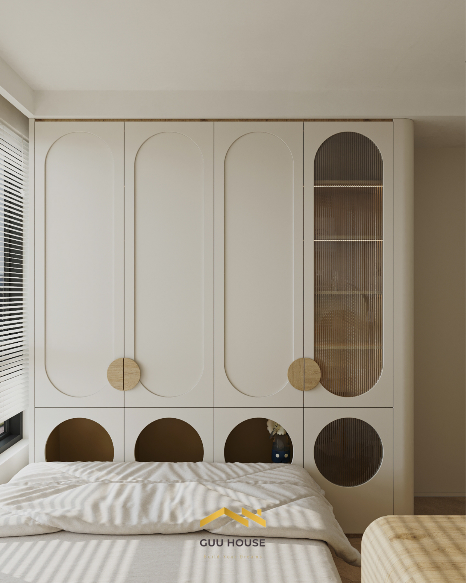 Tủ âm tường phòng ngủ trẻ em thiết kế bo cong, cánh kính sọc và tay nắm gỗ tròn hiện đại