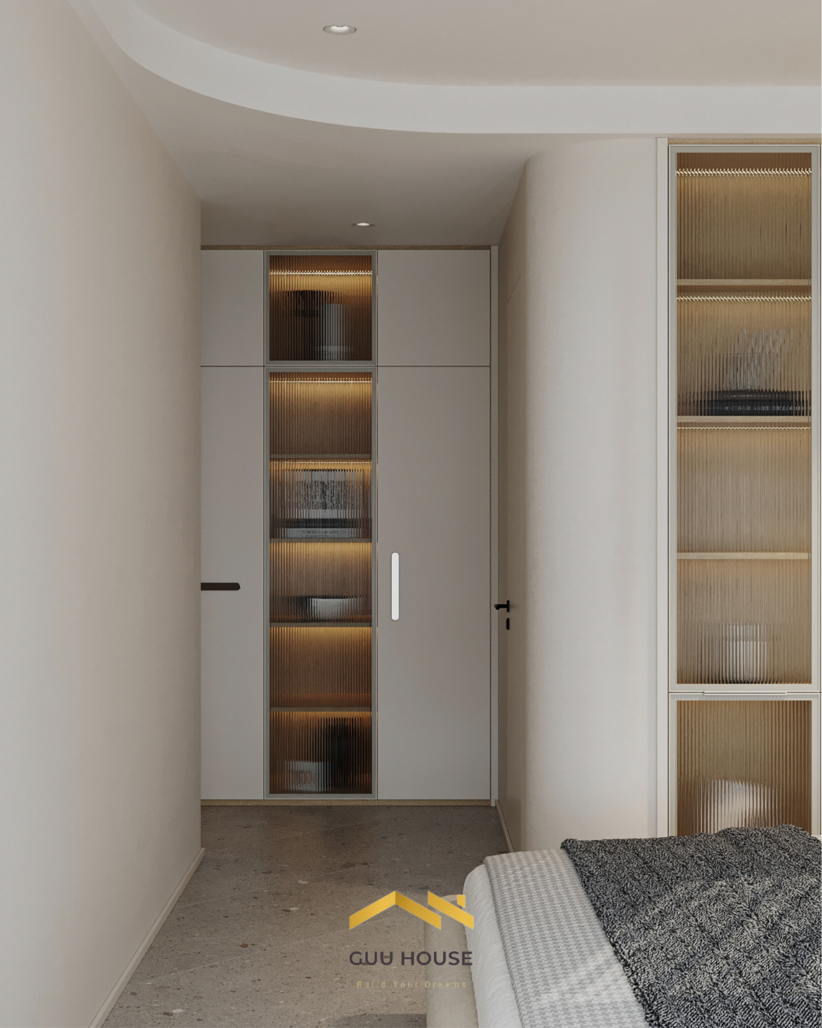 Tủ quần áo hiện đại kết hợp kính sọc mờ ánh đèn amber ấm, thiết kế âm tường tối giản