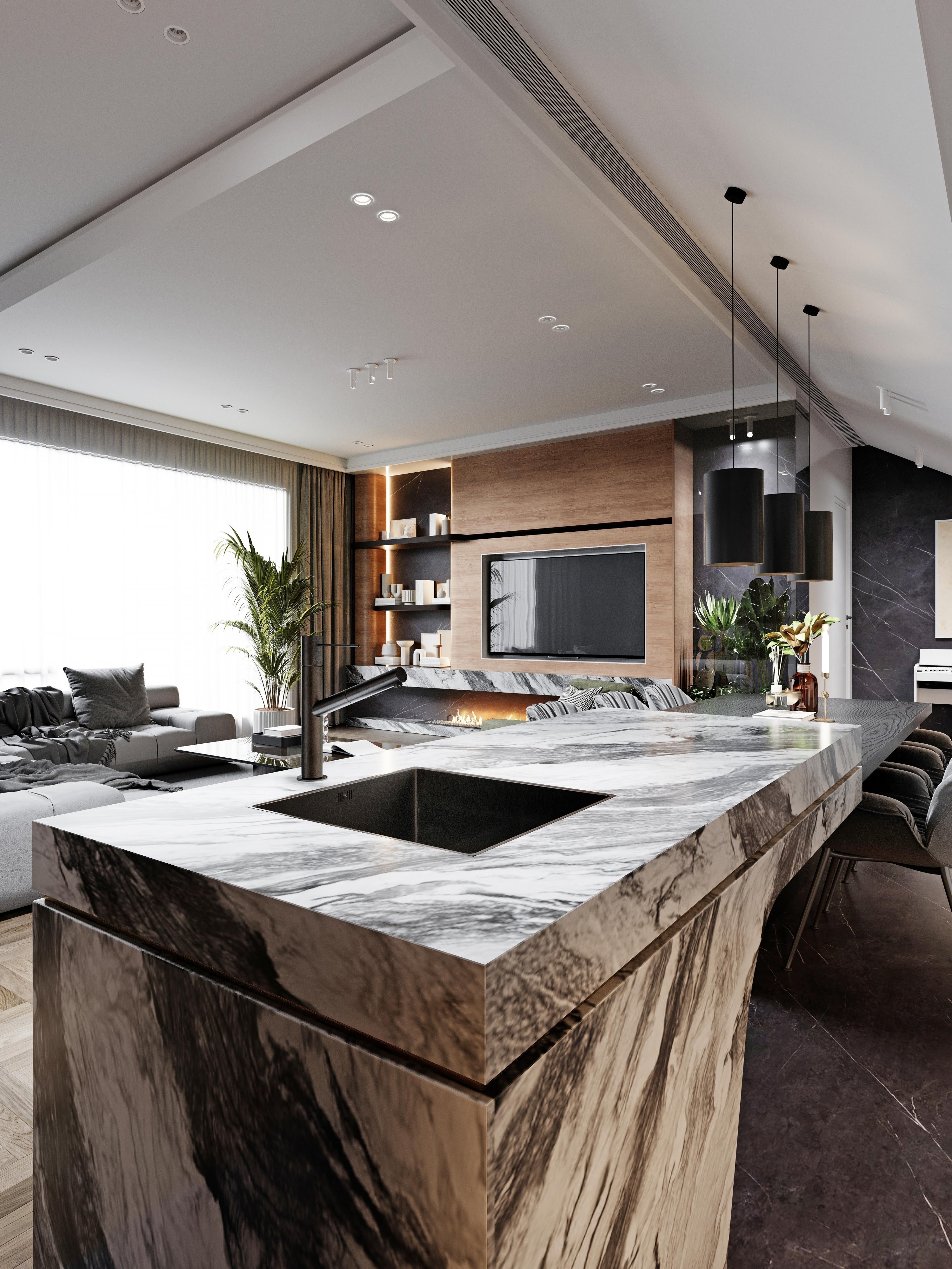 Mẫu đảo bếp kết hợp quầy bar ốp đá Marble cao cấp - Guu House.