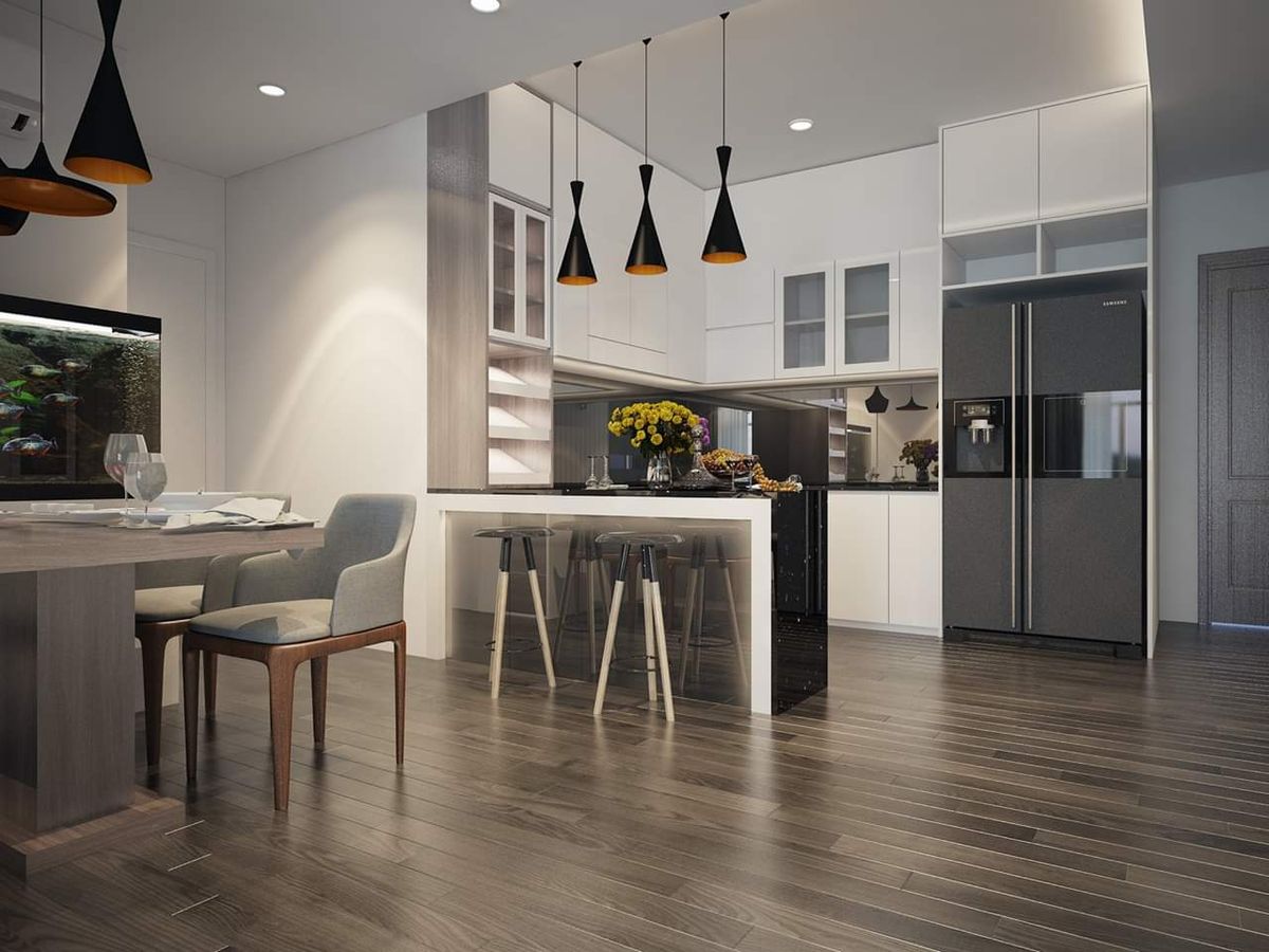 Mẫu thiết kế bếp mở (Open Concept) liên thông phòng khách hiện đại - Guu House.