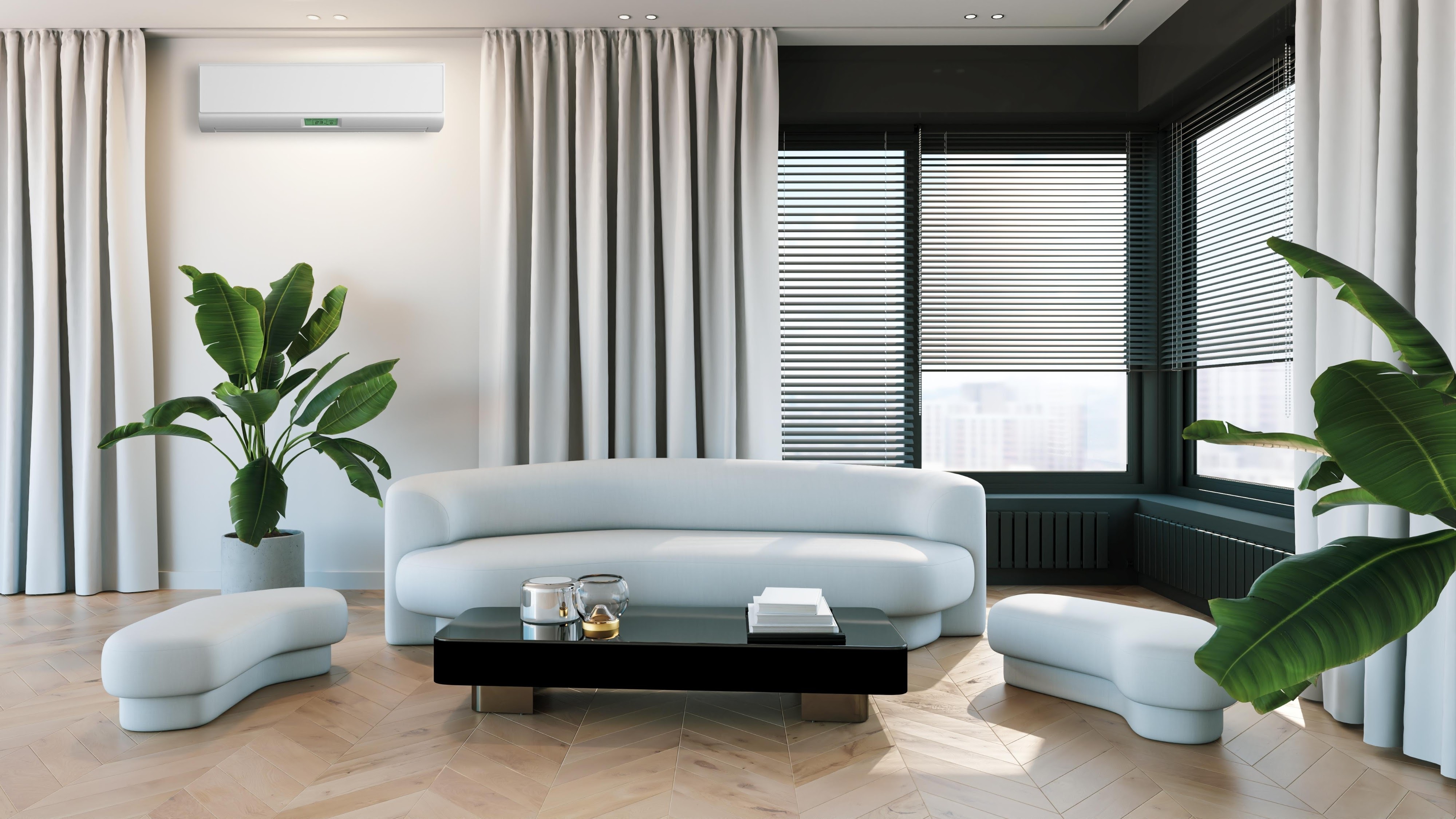 Phòng khách sử dụng rèm cửa tự động và kịch bản chiếu sáng thông minh - Guu House.